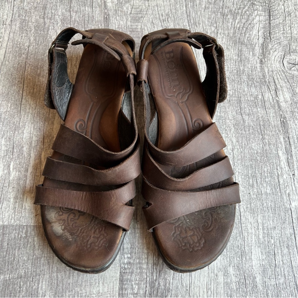 BORN Brown Leather Strappy Low Wedge Sandals Comfort Shoes 10